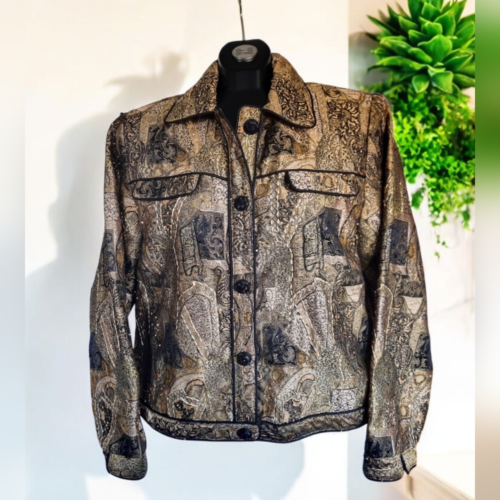 ANAGE Unique Vintage Beaded Metallic Black & Gold Lined Jacket